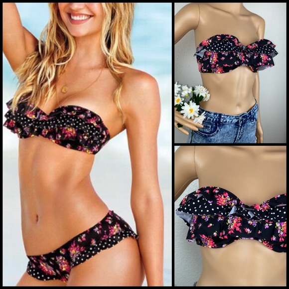 VS Floral Polka Dot Floral Ruffle Bandeau Swim Top - Picture 1 of 11